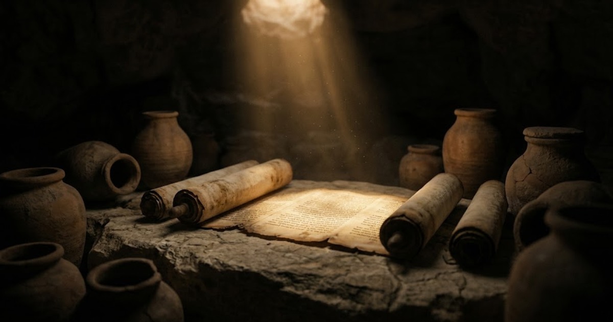 Ancient Hebrew manuscripts and scrolls illuminated by warm gold light, representing the compilation of the Old Testament across centuries