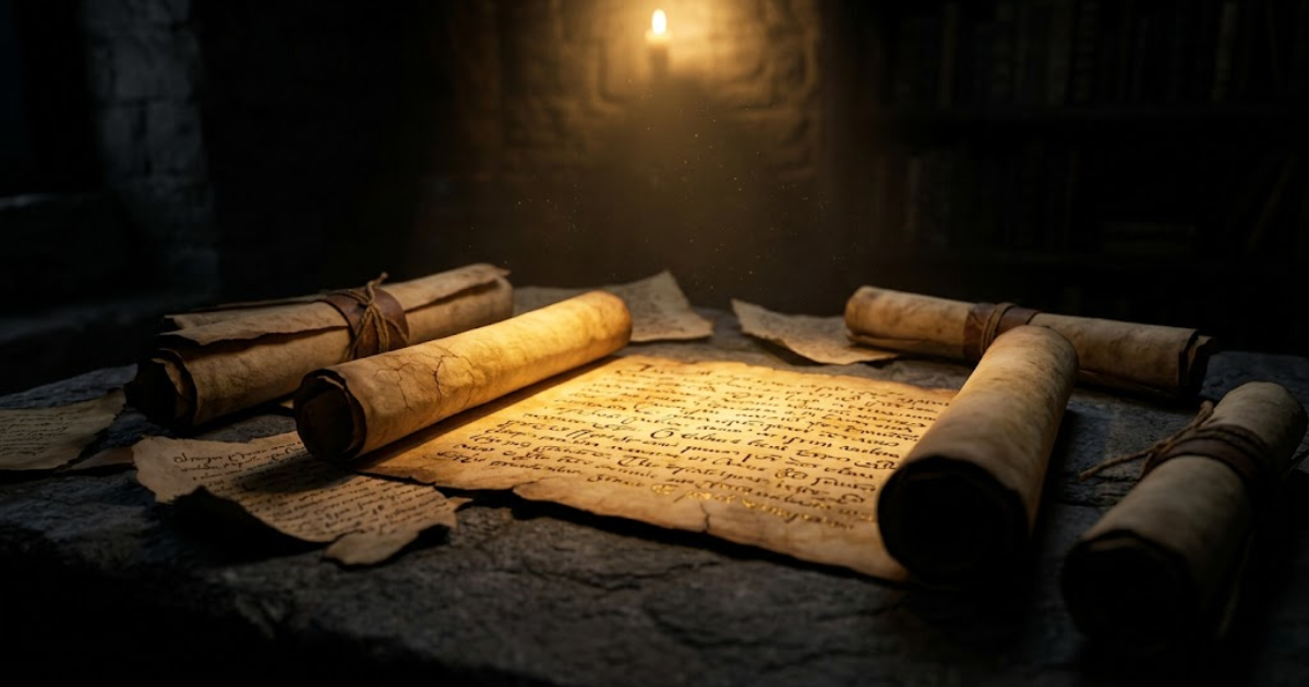 Ancient manuscript pages illuminated by warm gold light, representing the preserved textual tradition of the Bible