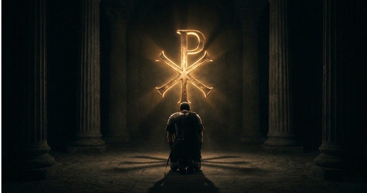 A Roman emperor's silhouette against a cross of golden light, representing Constantine and the Council of Nicea in 325 AD