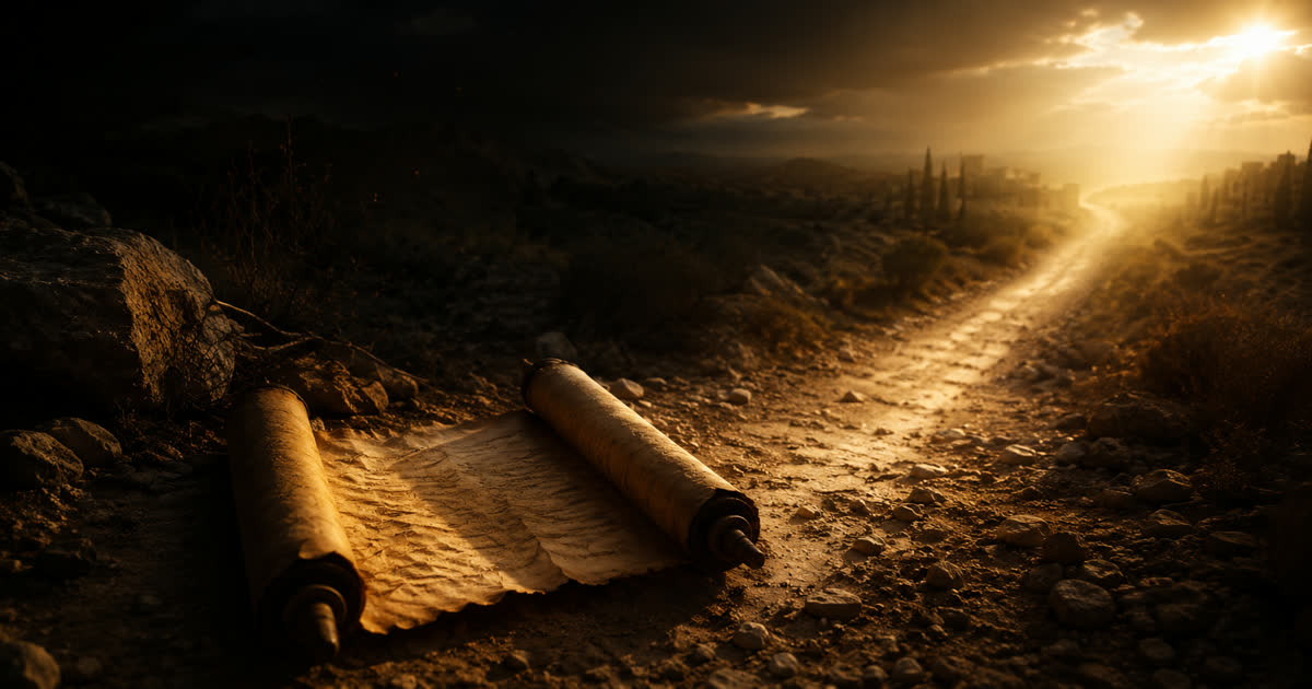 An open scroll and an ancient road, representing the apostle Paul's theology and his journey to Damascus