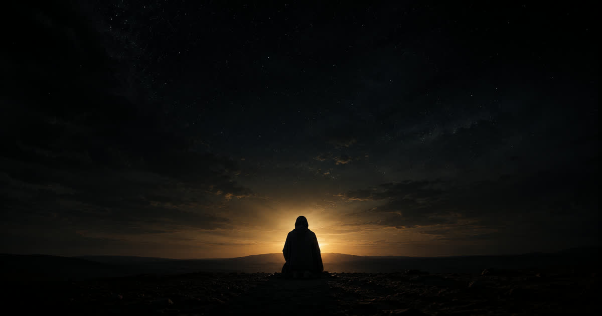 A solitary figure kneeling in prayer at dusk, representing Jesus praying to the Father
