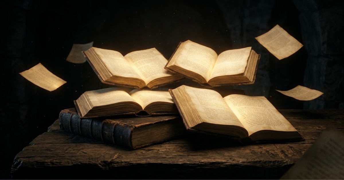 Multiple different Bible translations open side by side, illuminated by warm gold light, representing the question of which books belong in the biblical canon