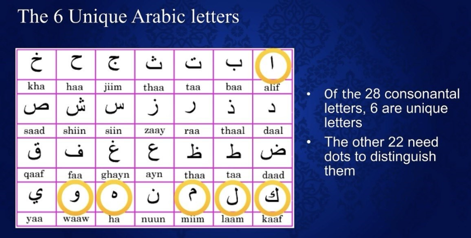 Diagram of the 28 Arabic consonantal letters, showing that 22 of them require dots to be distinguished from one another