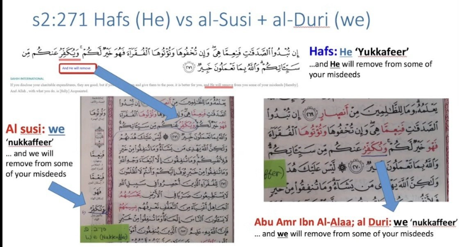 Sura 2:271 manuscript comparison: Hafs (He) versus al-Susi and al-Duri (we) readings of yukaffer