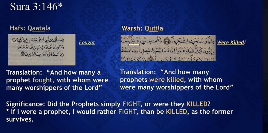 Sura 3:146 comparison: Hafs reads Qaatala (fought) while Warsh reads Qutila (were killed)