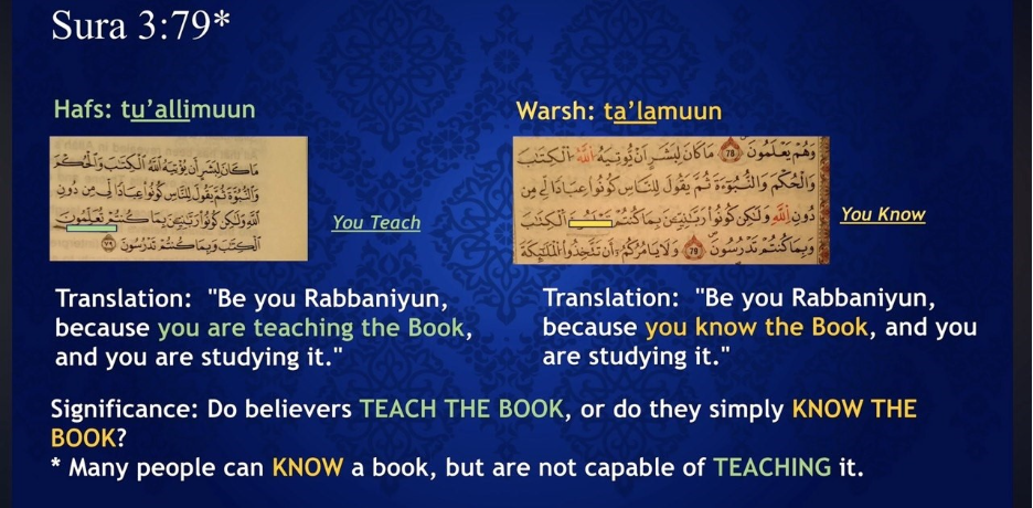 Sura 3:79 comparison: Hafs reads tu'allimuun (you teach) while Warsh reads ta'lamuun (you know)