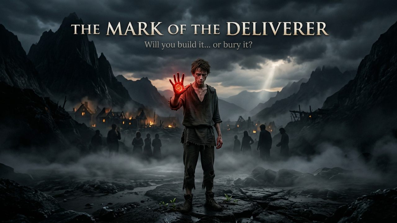 A lone figure stands in a shadowed mountain valley, a glowing spiral mark on his palm